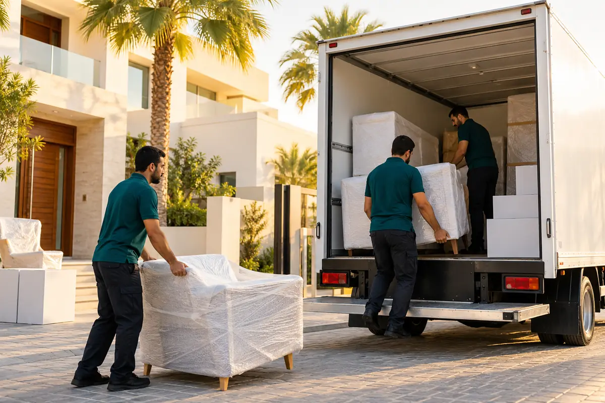 Royal Dubai Movers crew loading wrapped furniture into a truck outside a Dubai villa